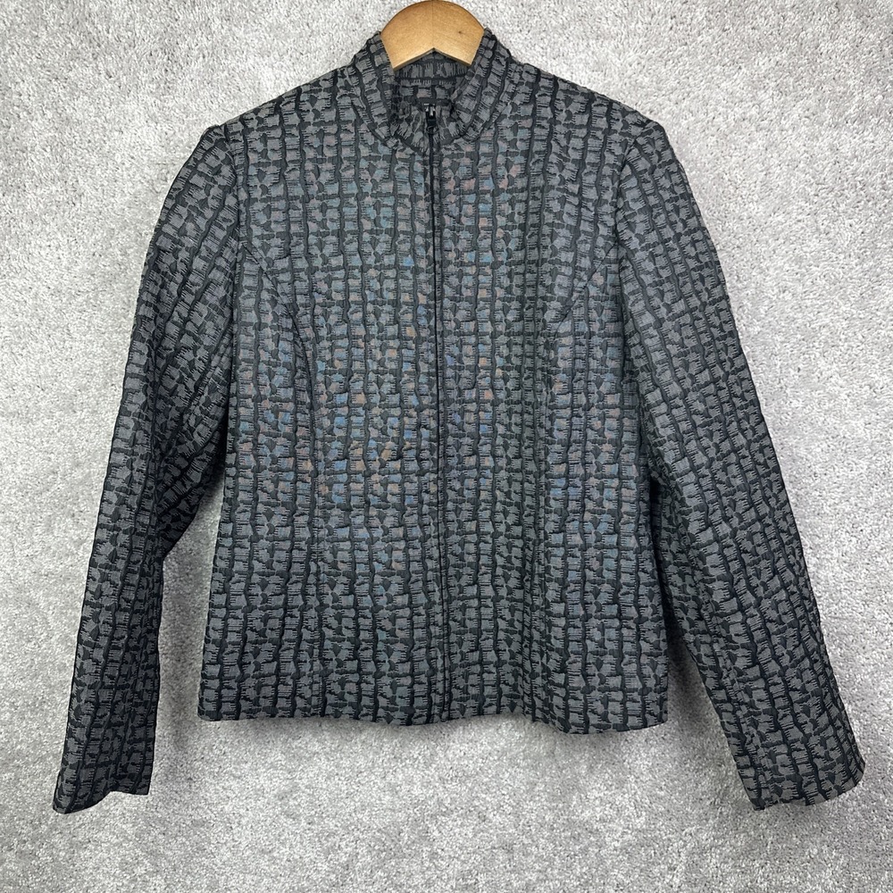 DUE PER DUE Black‎ Textured Round Neck Zipper Front Long Sleeve Blazer Jacket M